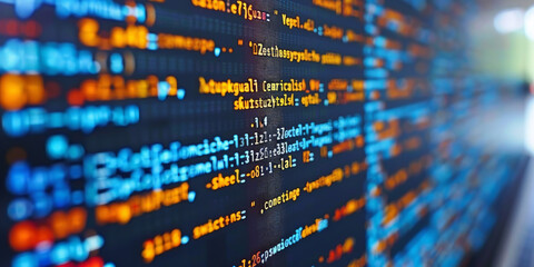 Creative digital programming language on dark backdrop. Software developer and html concept. 3D Rendering.