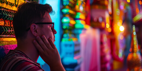 Sticker - Man in Glasses Observing Vibrant and Colorful Reflections in Neonlit Room