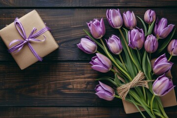 Sticker - Purple tulips and gift box on wooden table viewed from above with space for text