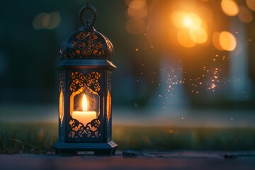 Ramadan lantern with candle and glowing light Eid celebration