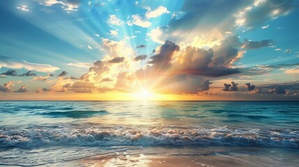 Sticker - A stunning cloudscape over the sea at sunrise, capturing the tropical beach ambiance with its tranquil waters and golden light filtering through the clouds.