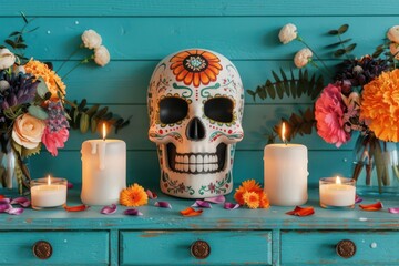 Colorful altar for Dia de los Muertos, adorned with candles, flowers, and photos, Mythology, Digital painting, Soft glow