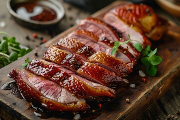 Sticker - Roasted Chinese duck served on wooden board Traditional and delicious Asian dish served pink with tender juicy meat