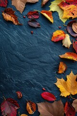 Wall Mural - Autumn Leaves on a Dark Blue Background