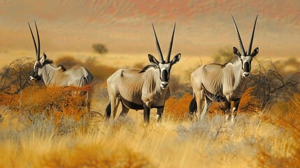 an oryx stands majestically, gazing forward in the kalahari desert of botswana.