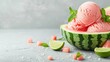 © Nattapun - Refreshing photorealistic watermelon sorbet in a hollowed-out watermelon bowl, garnished with mint and lime Soft ambient light enhances cozy feel