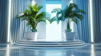 Poster - Minimalist Interior Design with Two Palm Trees on a Circular Platform