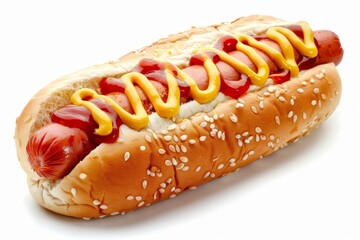 Poster - Savory hot dog with condiments on white background