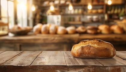 Sticker - A loaf of bread sits on a wooden table in a bakery