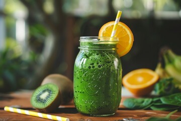 Sticker - Selective focus on a wooden table displays a healthy green smoothie with spinach kiwi bananas and oranges in a jar with yellow straws