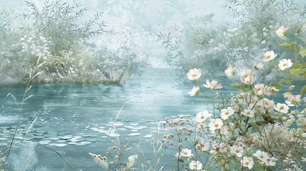 Wall Mural - A painting of a river with a field of white flowers on the right bank