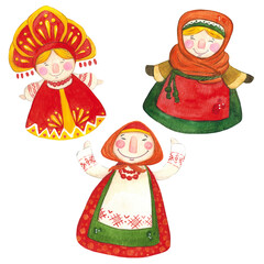 Hand drawn watercolor illustration. Set for the Maslenitsa holiday, women in national dress. Maslenitsa holiday, Shrovetide, carnival, Maslenitsa, Mardi Gras, Shrove Tuesday, pancake week, Pancake Day