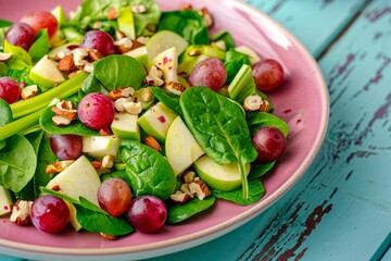 Canvas Print - Simple Waldorf salad with celery apples grapes spinach hazelnuts mayo yogurt dressing on pink plate on blue background close up