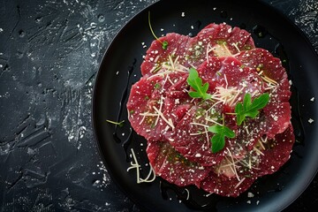 Poster - Sliced beef on black plate with mustard and cheese