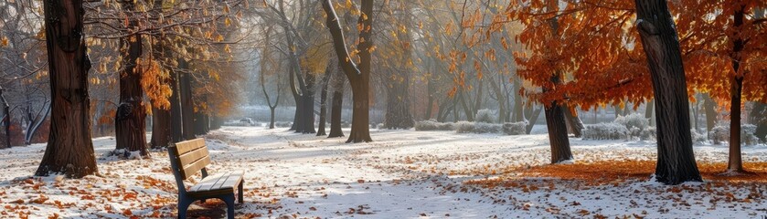 Wall Mural - Snowy Forest Path with a Bench