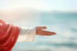 © CozyNessAI - Jesus Christ's hands reach out over a calm lake or river, a tranquil, peaceful environment. Hands of Salvation.  Religious and Spirituality concepts.