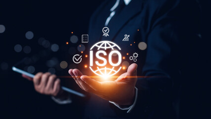 ISO standards quality control, assurance and warranty business technology concept.Modern ISO banner. Standards quality Assurance control standardisation and certification concept.