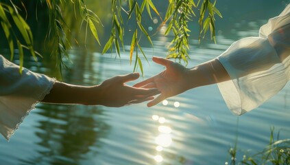 Two hands reach out to each other under a willow tree under a lake or river, reflecting off the surface in a calm, tranquil environment. Hands of Salvation. Religious and Spirituality concepts.