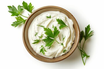 Canvas Print - Sour cream dip with herbs in a white bowl top view