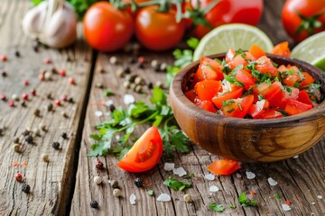 Wall Mural - Spicy papaya salad on wooden surface