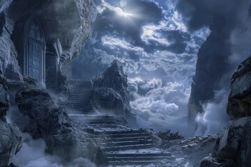 Mysterious stone staircase leads to a dark castle on a stormy night