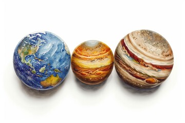 Sticker - Artistic representation of Earth Jupiter and Saturn with detailed textures modern and striking design dynamic and imaginative composition cosmic and vibrant atmosphere