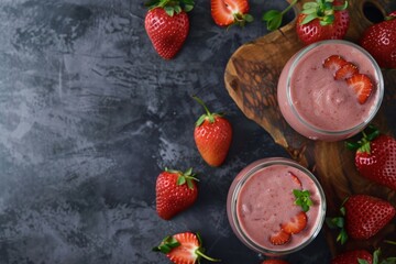 Wall Mural - Strawberry smoothie in clear glass with strawberry on the rim strawberries in bowls and scattered on wooden props