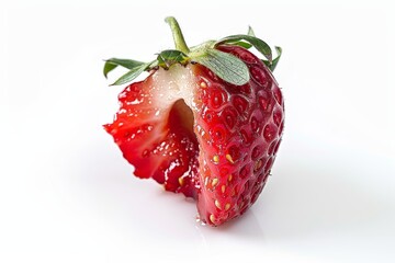 Poster - Strawberry with bite marks on white backdrop