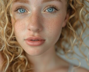 Wall Mural - Studio portrait of a fresh faced young woman with blue eyes and curly blonde hair devoid of makeup lightly touching her smooth skin while standing bare shouldere