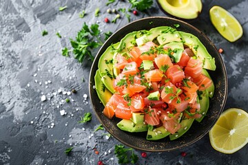 Sticker - Tasty avocado and salmon tartar on a concrete surface