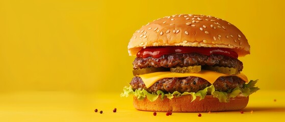 Poster - Tasty beef burger with double cheese served at a modern fast food joint in a yellow setting