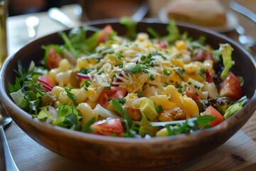 Tasty chef s salad with warm mac and cheese