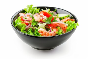 Poster - Tasty crab salad in black bowl on white background