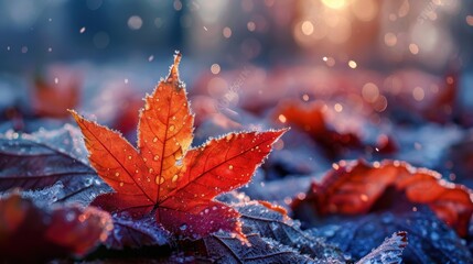 Wall Mural - Autumn Leaf with Dew Drops