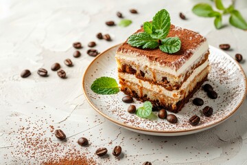 Canvas Print - Tasty Tiramisu cake with coffee beans and mint on a plate with a light background