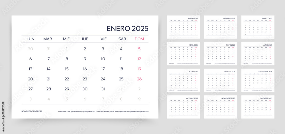 2025 Spanish calendar. Calender layout. Planner template with 12 month ...