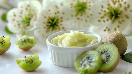 Wall Mural - Nutritious snacks for children baby food and kiwi on a white table