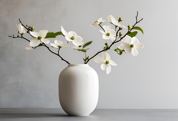 Dogwood branch in a white vase, minimal flower arrangement. Perfect for home decor, modern design, and elegant floral displays