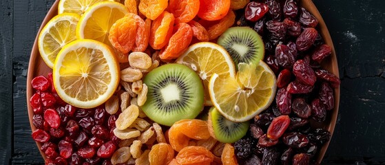 Sticker - Top view of a plate with various dried fruits and berries lemons oranges raisins cranberries kiwi cherries plums apricots tangerines dates mango pineapples