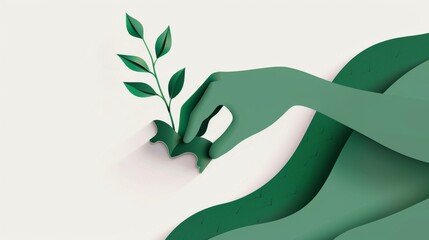 An abstract illustration of a green hand planting a seedling on a white background, representing growth and sustainability, Simplified flat paper art illustration of