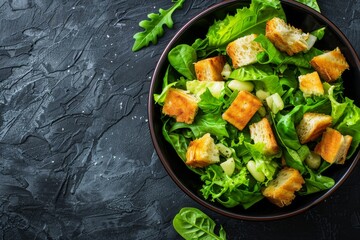 Wall Mural - Top view of Caesar salad on black table space for text