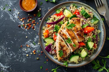 Poster - Top view of quinoa and veggie salad with grilled chicken