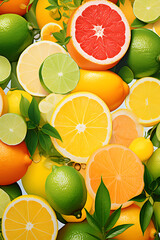 Vibrant Citrus Symphony: An Artistic Display of Juicy, Freshly Picked Key Limes, Lemons, Grapefruits, Oranges, and Tangerines. 