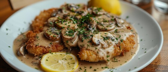 Sticker - Traditional German Schnitzel with mushrooms herbs and lemon on white plate