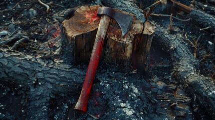 The ax was stuck in the center of the stump and deliberately left there as a marker or tool for further felling The handle of the ax is long and the blade of the ax is painted red