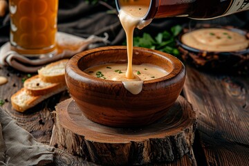 Sticker - Transferring beer cheese dip to wooden stand bowl