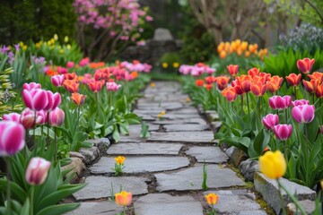 Sticker - Tulips and stone path in a formal garden in spring