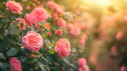 Wall Mural - Pink Rose Garden in the Warm Sunlight