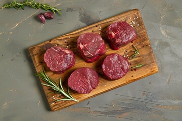 Sticker - Various raw beef steaks displayed on wooden board on grey table Overhead view