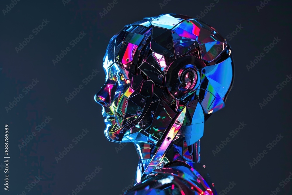 Color Changing Robot Colorful robot statue with glowing head, standing tall in a city square ...